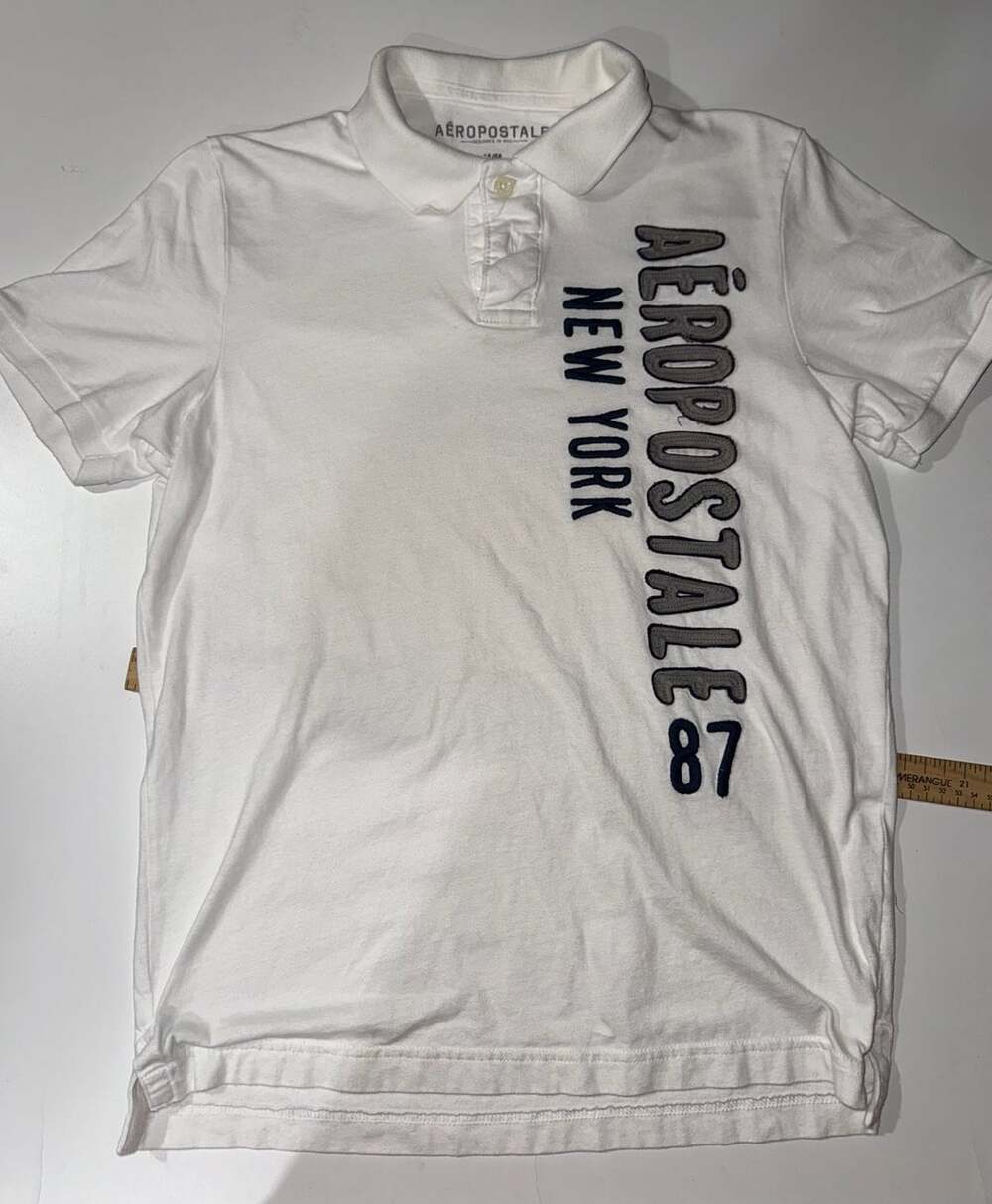 Aeropostale Men's White Vertical Aero 87 Jersey Polo Shirt Size M